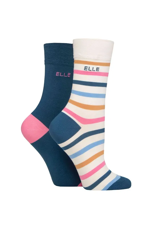 2 Pair Bamboo Striped and Plain Socks - ELLE