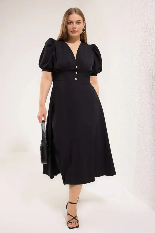 V-Neck Puff Sleeve Button Detail Midi Dress