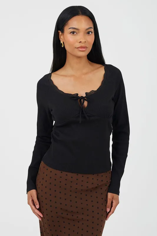 Ribbed Long Sleeve Top With Lace Trim - Brave Soul