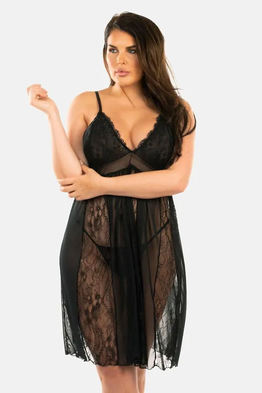 Isie Lace & Mesh Plus Size Nightwear with Matching Thong - Perfect4U