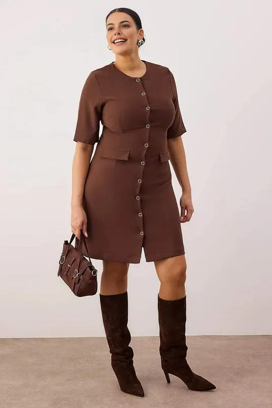 Button Front Short Sleeve Tailored Mini Dress - WOVCOR