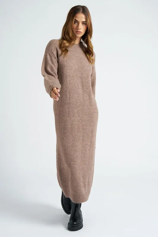 Brown Crew Neck Long Dress - Urban Bliss