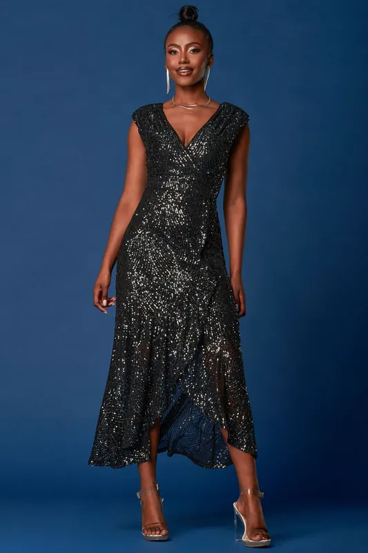 Sequin Wrap Ruffle Hem Maxi Dress - Jolie Moi