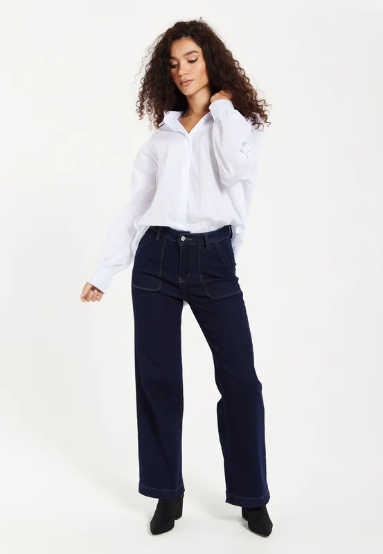 High-Waisted Dark Navy Wide-Leg Jeans