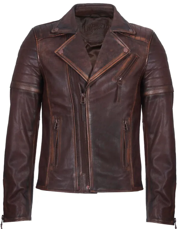 Slim Fit Brando Style Cross Zip Leather Biker Jacket - Infinity Leather
