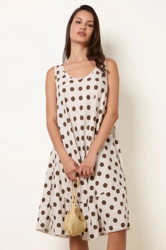 Beige Polka Dot Linen Like Dress - Blue Vanilla
