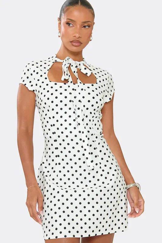 Cap Sleeve Tie Polka Dot Mini Dress - EGO