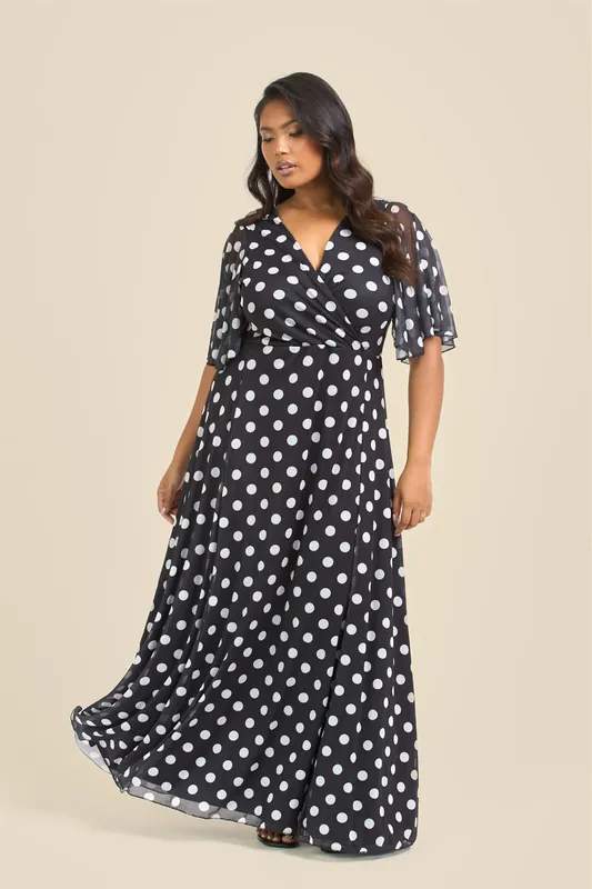 Curve Angel Sleeve Wrap Front Polka Dot Maxi Dress - FASHION-SZN