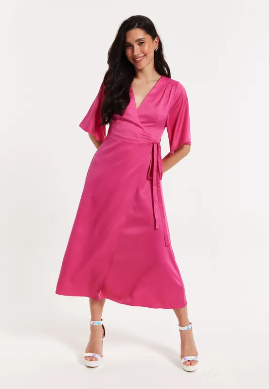 Pink Satin Maxi Wrap Dress With Kimono Sleeves - Liquorish