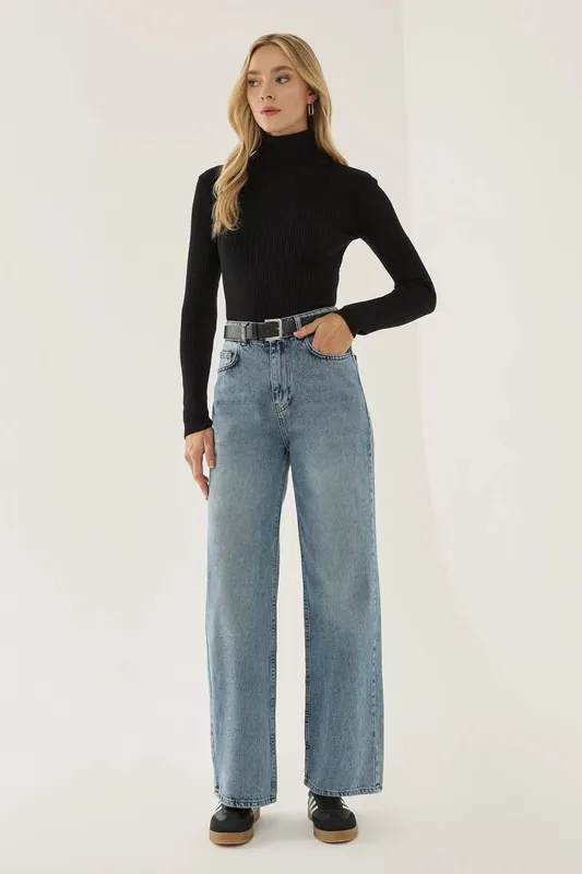 Washed Efecet Wide Leg Jeans - Hiccup