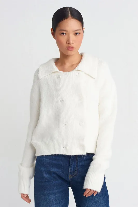 Ribbed Polo-collar Button Cardigan