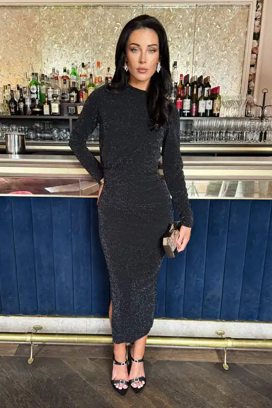 Black Sparkly Long Sleeve Ruched Bodycon Midi Dress - AX Paris