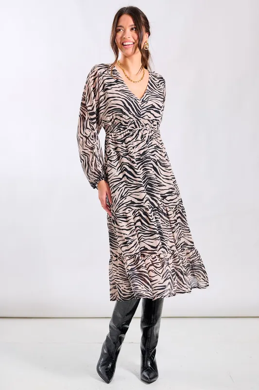 Mono Animal Tiered Chiffon Midi Dress - Needs No Label