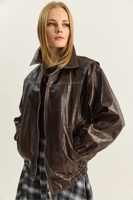 Oversized Faux Leather Jacket with Zipper Closure - Bianco Lucci