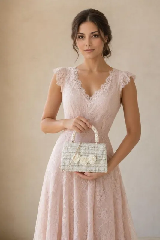 Tweed Top-Handle Handbag with Pearl Handle and Floral Appliqué