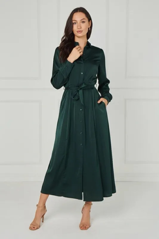 Emerald Velvety Satin Maxi Shirt Dress - Love Sunshine