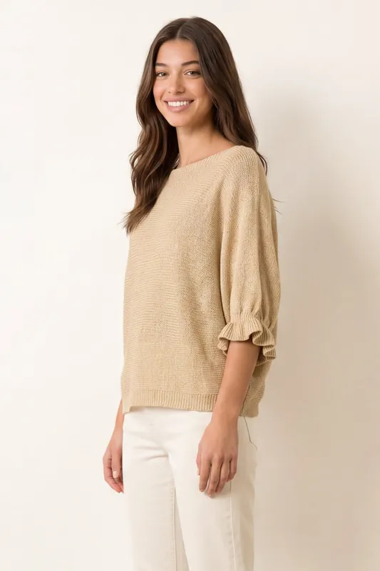 Beige Frill Sleeve Metallic Top - Blue Vanilla