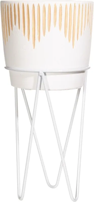 White Sgrafitto Cement Planter With Wire Stand - Sass & Belle