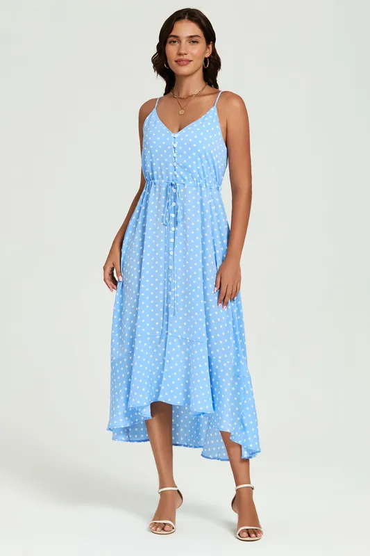 Dot Print Button Down High Low Strappy Dress In Light Blue - FS Collection