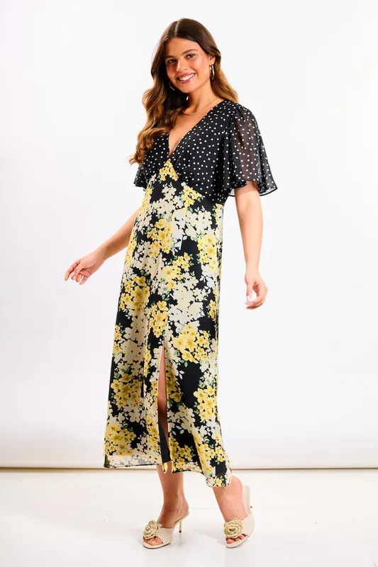 Yellow Floral Flutter Sleeve Midi Dress - Needs No Label