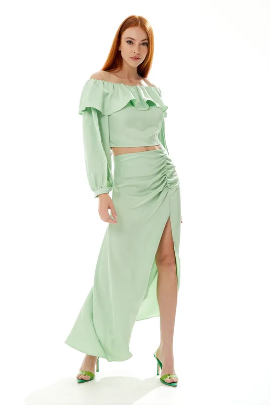 Ruffle Long Sleeve Off Shoulder Top With Sleeve Slits In Mint Green - Liquorish
