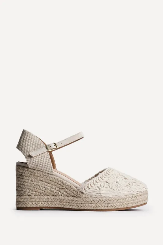 Mystic Beige Embroidered Espadrille Wedges - Linzi