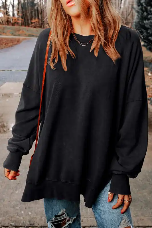 Black Drop Shoulder Ribbed Trim Oversized Sweatshirt - Everyday The Label