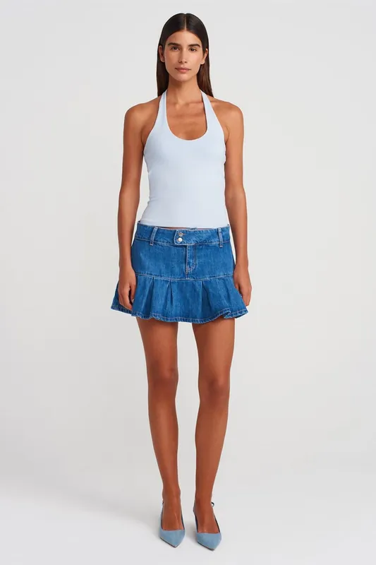 Mid-Waist Mini Denim Skater Skirt
