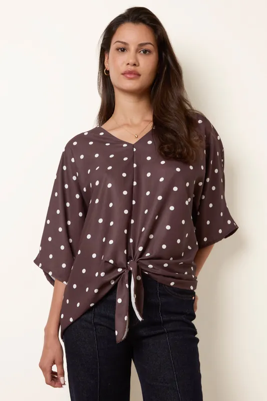 Brown Polka Dot Knot Front Top - Blue Vanilla