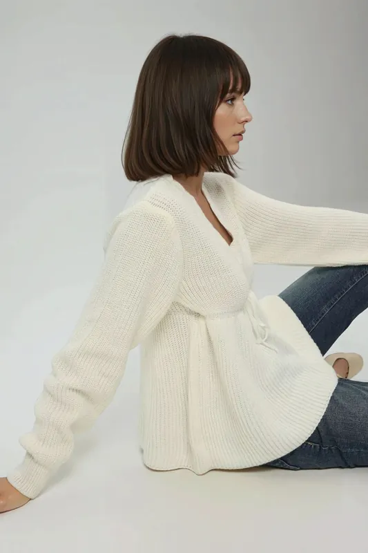 Sliced V-Neck Sweater with Tied Up Detail