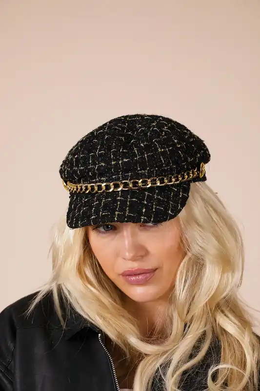 Tweed Baker Boy Hat In Black - SVNX