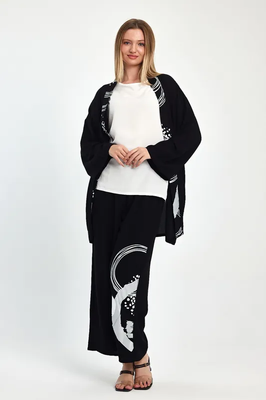 Abstract Print Kimono Co-Ord Set – Black& White