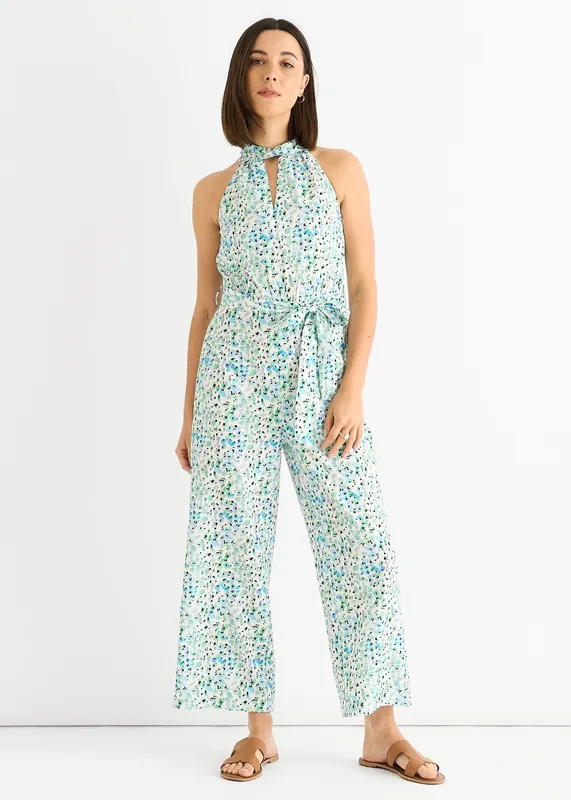 Blue Petit Halter Neck Keyhole Wide Leg Crop Jumpsuit - Gini London