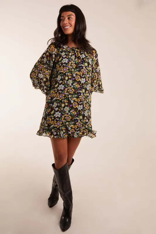 Floral Raglan Sleeve Tunic Dress - Blue Vanilla
