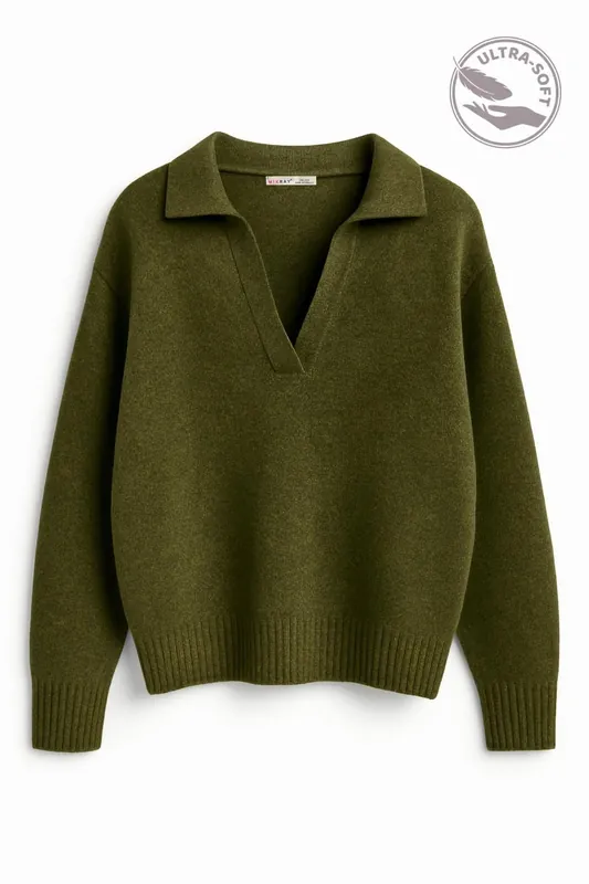 Thick Knit Relaxed Fit Sweater with Shirt Collar - MixRay