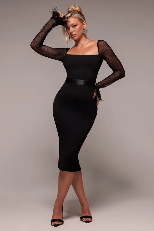 Dobby Mesh Feather Sleeve Bodycon Midi Dress - Goddiva