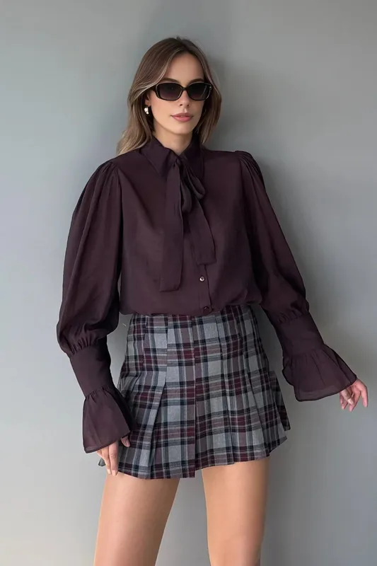 Sheer Tie Neck Long Sleeve Shirt - WOVCOR