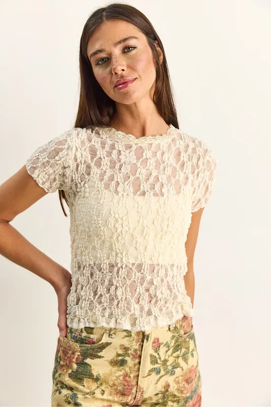 Lace Crew Neck Blouse - Bianco Lucci