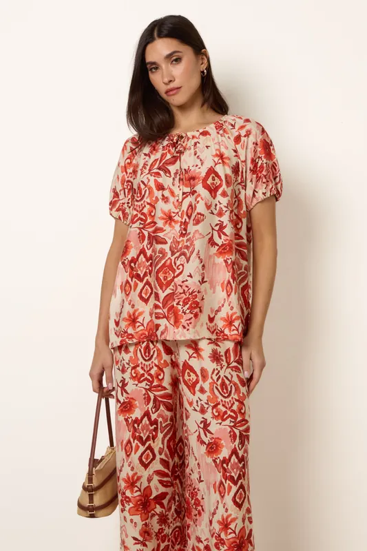 Orange Watercolour Floral Print Elasticated Sleeve Top - Blue Vanilla