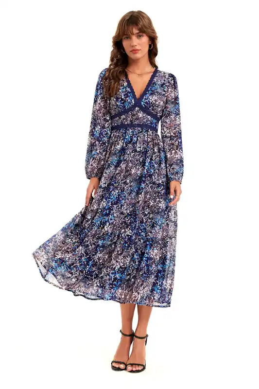 Gold Foil Abstract Print Long Sleeve Midi Dress In Navy - FS Collection