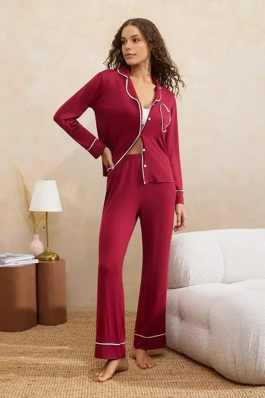 Heart Pocket Piped Revere Collar Long Sleeve Pyjama Set - WOVCOR