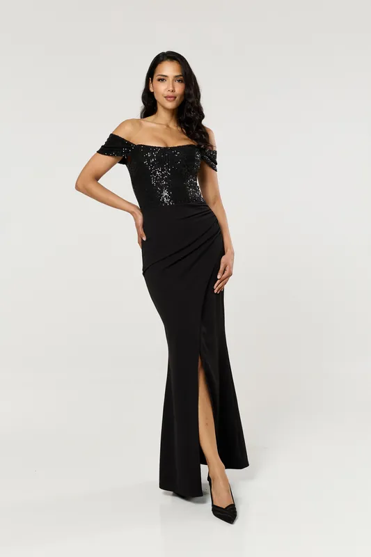 Black Sequin Bardot Maxi Dress - Liquorish