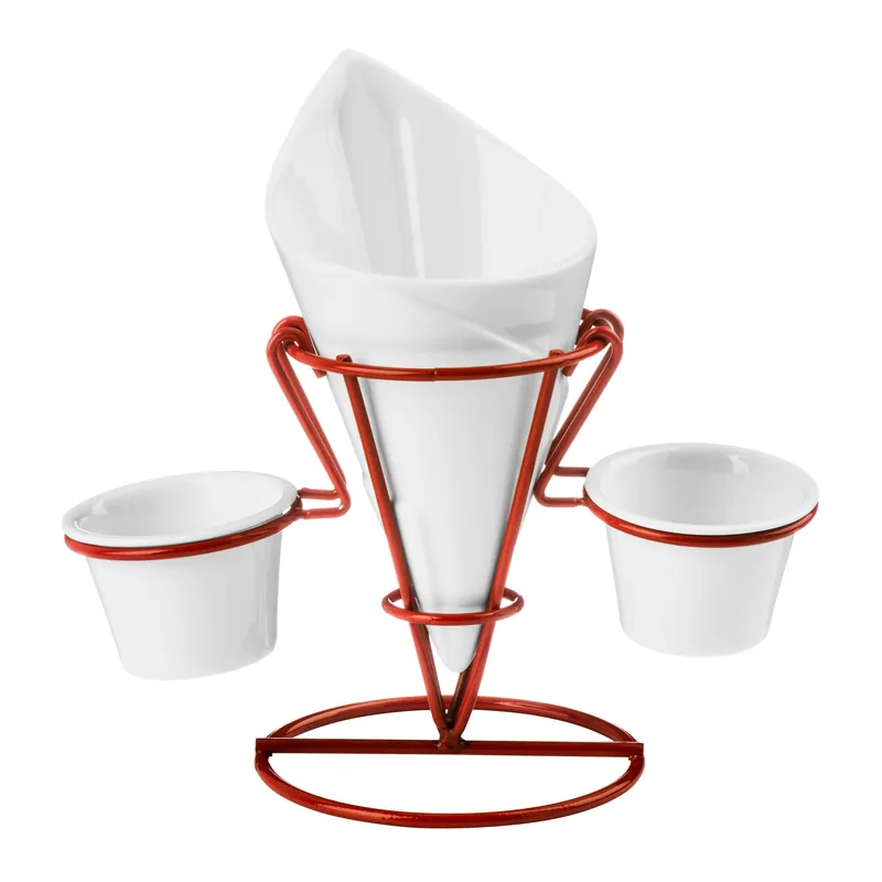 Red Metal French Fry Cone With 2 Dip Dishes - Orsina