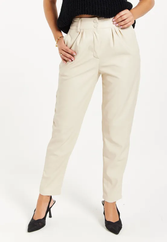 Tapered Leather Look Trousers in Cream - Liquorish