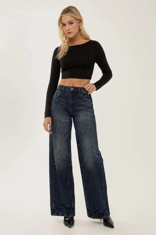 Washed Effect Stitched Wide Leg Denim Jeans - Hiccup