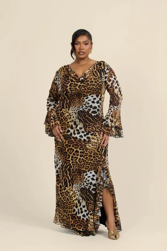 Curve Ruffle Cowl Neck Leopard Print Maxi Dress - FASHION-SZN