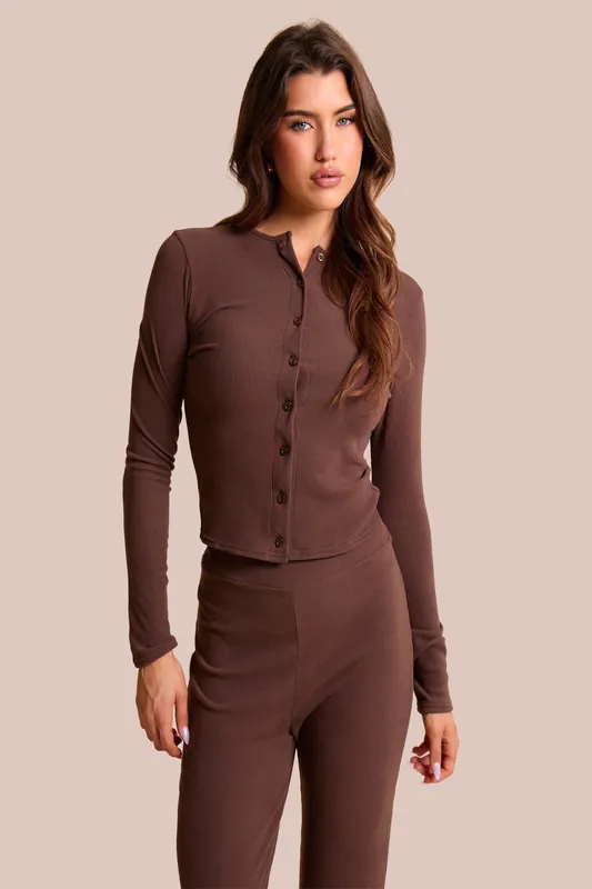 Rib Button Through Long Sleeve Top Chocolate - Public Desire