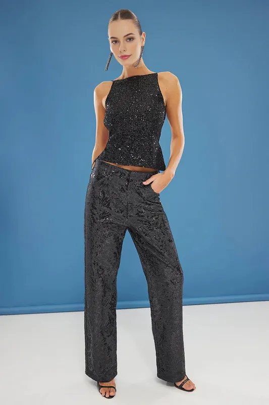Sequin Strappy Open Back Halterneck Top - WOVCOR