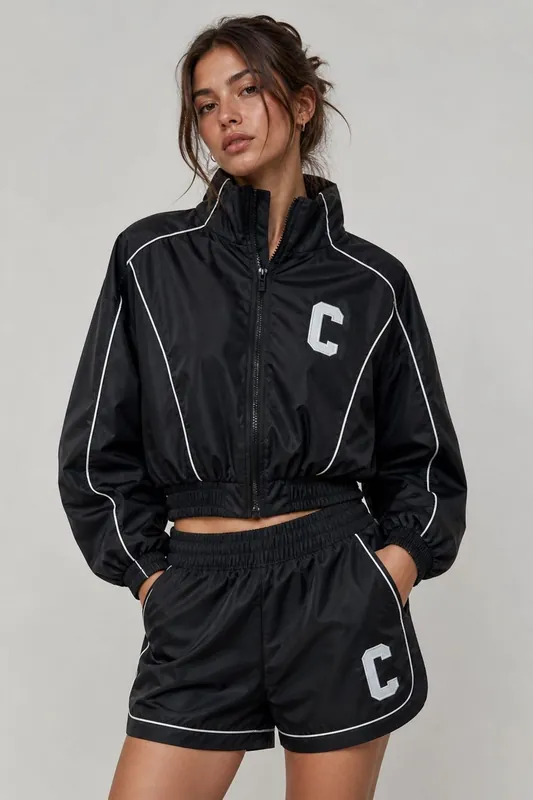 Piping Detail Shell Jacket and Shorts Co-Ord Set