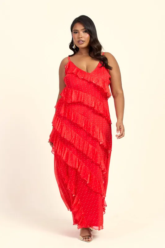 Curve Red Polka Dot Ruffle Strappy Maxi Dress - FASHION-SZN